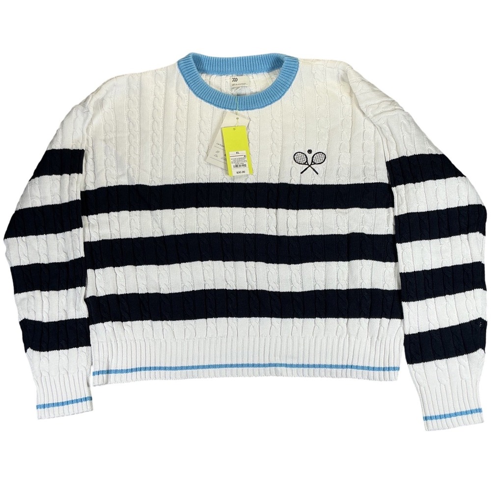 All in Motion Tennis Cable Knit Sweater XL White Navy Blue Striped Crew Neck NWT